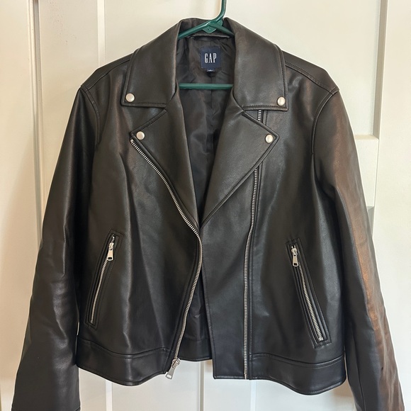 GAP Black Leather Moto Jacket Asymmetrical Zipper Fitted - Picture 1 of 3